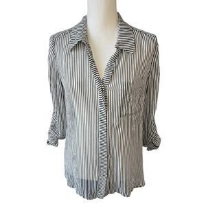 Diane Von Furstenberg black & white striped silk button down top blouse sheer